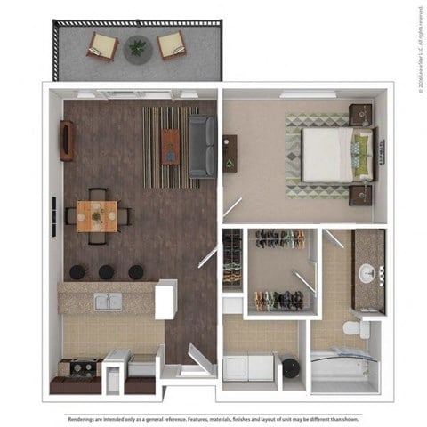 Floor plan for 1 bed, 1 bath, 744 sqft